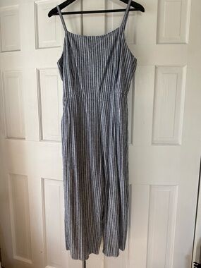 Old Navy Denim Blue and White Striped Jumpsuit with Pockets